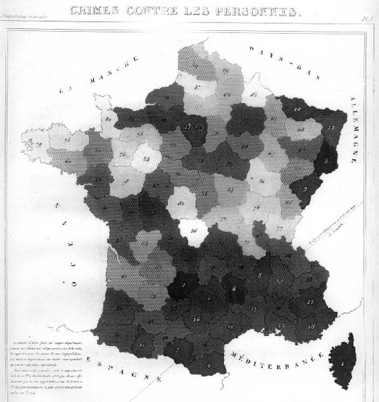 Figure 97. <em>Chloropleth Map of France</em> showing crime levels (André-Michel Guerry)