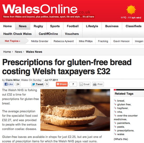 Figure 70. <em>Prescriptions for gluten-free bread costing Welsh taxpayers £32</em> (WalesOnline)